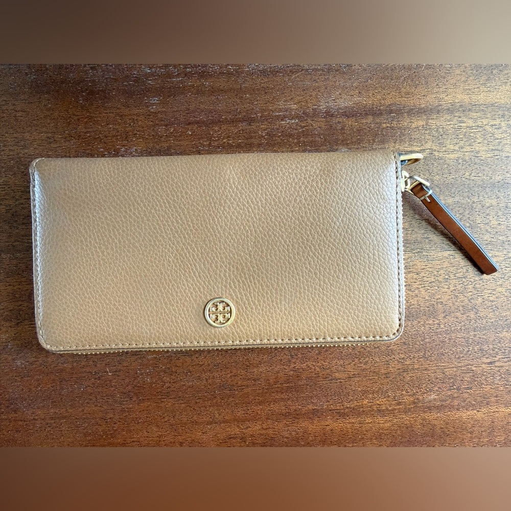 Tory Burch Beige Leather Clutch with Gold Accent